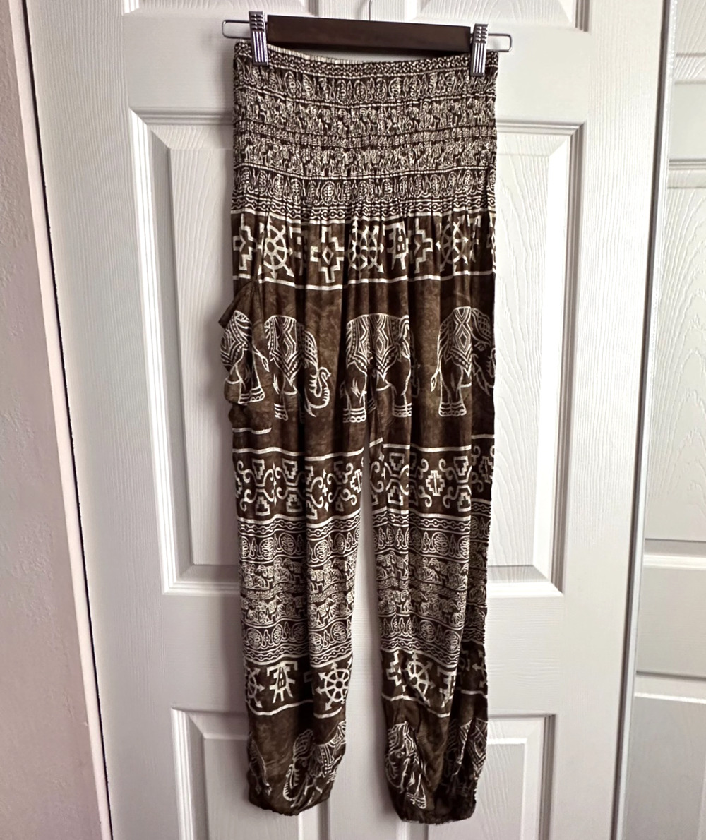 Mello Mumu Womens Small Brown & White Elephant Print Thai Boho Harem Soft Pants